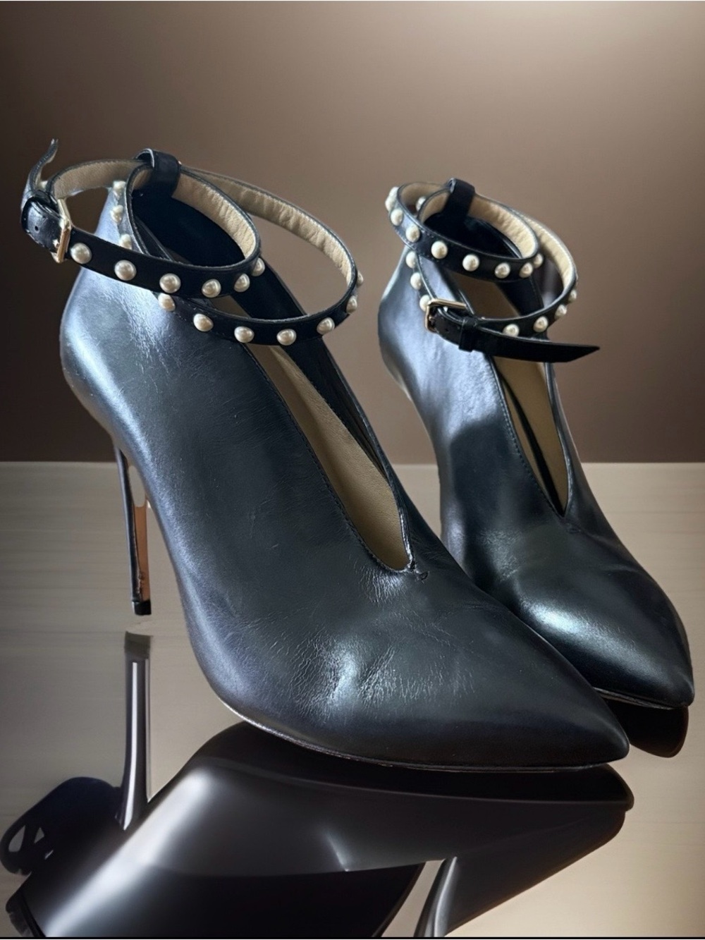 🖤 Jimmy Choo Lark 100 Pearl Ankle Strap Booties EU 36.5 Made in Italy